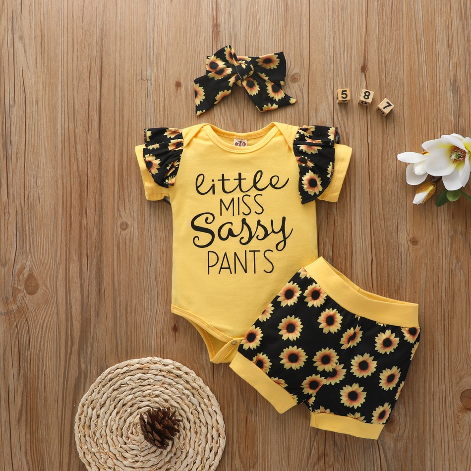 Baby Cute Letter Sunflower Print Bodysuit and Shorts Set